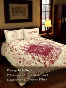 HARRY POTTER X SHEIN 3 Pc The Marauder's Map Print Three Pieces Duvet Cover Set, Made Of Brushed Fabric, Soft And Warm, Red Duvet Cover, Available In Multiple Sizes, Suitable For Single Beds/Double Beds/King Beds/Extra King Beds, Back To School - Off-white - View 6
