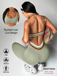 Dewbera Bộ đồ thể thao áo hở lưng và quần legging viền tương phản dành cho nữ - màu xanh lá - Xem 2