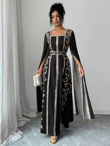 SHEIN Raffinéa 女士方领长袖连衣裙，网纱拼接袖设计，喇叭袖效果，数码定位印花T字A字廓形，适合日常、派对、度假、中东风格等场合。 - 彩色 - 查看 8