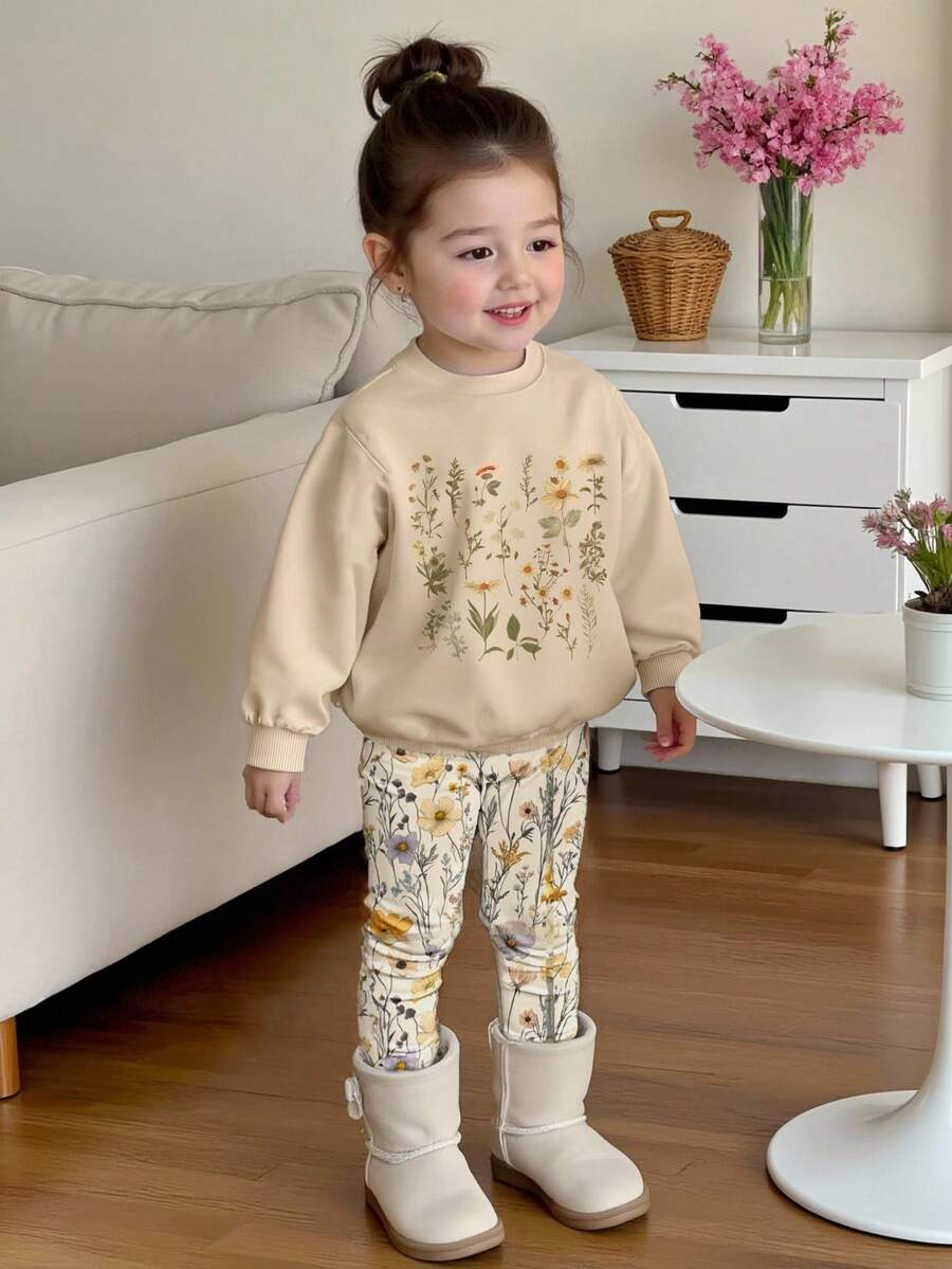 2 件套可爱甜美年轻女孩休闲花卉印花针织柔软圆领长袖运动衫和紧身裤套装，适合秋冬季，舒适时尚的休闲装，非常适合返校、户外野餐、街头摄影、居家、校园、节日、礼物