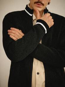 Manfinity Mode 男士休闲保暖撞色滚边拉链立领长袖开衫，秋冬款 - 黑色 - 查看 4