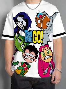 Teen Titans Go X SHEIN 青少年男孩夏季休闲卡通字母图案短袖T恤 - 白色 - 查看 7