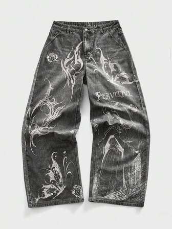 Street Life Jeans anchos y sueltos de moda casual para hombres con estampado de personaje de dibujos animados y mariposa, sin cinturón incluido