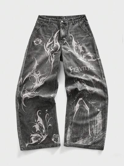 Street Life Jeans larges décontractés et amples pour hommes avec imprimé de personnage de dessin animé et de lettre papillon, sans ceinture