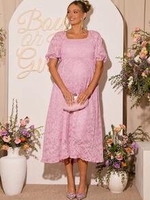 Loomaby 孕妇方领泡泡袖提花褶皱优雅连衣裙 - 粉色 - 查看 6