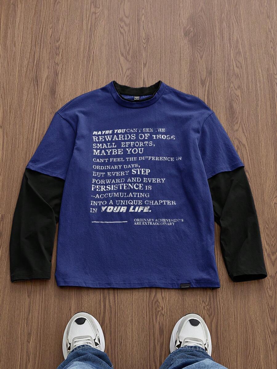 SWAVVY Men's Knit Casual Daily Young English Print Patchwork Loose Long Sleeve T-Shirt Navy Blue Sweatshirt Longsleeve - Blue - View 1