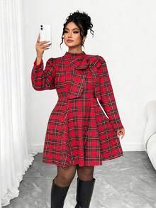 Elenzga Plus Size Women's Christmas Plaid Bow A-Line Mini Dress - Red - View 7