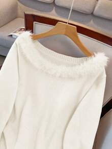 GlowEve CURVE Plus Size Casual Solid Color Long Sleeve Knit Sweater Top - White - View 3