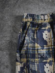 Manfinity EMRG 男士复古格纹夹克和抽绳腰裤两件套，年轻街头风，做旧效果，长袖衬衫式夹克，宽松长裤，经典格纹图案搭配做旧纹理，简约数字点缀，百搭休闲、街头风、户外活动、主题派对、时尚穿搭，也是送给男友/丈夫的节日礼物 - 藏蓝色 - 查看 3