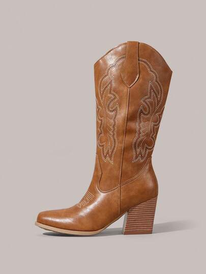 Styleloop 女士西部靴，经典时尚刺绣粗跟中筒马靴，万圣节、圣诞节、派对户外靴