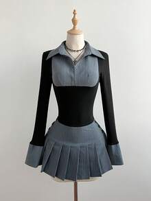 Elamini 两件套女士优雅套装，收腰条纹拼接上衣搭配褶裥条纹半裙，休闲时尚，适合日常通勤和外出穿着，秋冬季 - 彩色 - 查看 5