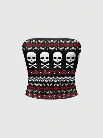 Goth Crop top sexy da donna con stampa scheletro per le vacanze natalizie, nero e rosso