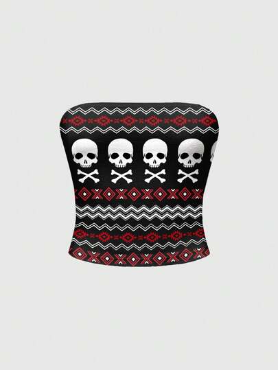 Goth Top court sexy imprimé squelette pour les fêtes de Noël, noir et rouge