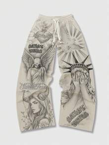 ROMWE MEN Street Life 男士休闲阔腿裤，秋冬运动裤 - 杏色 - 查看 5