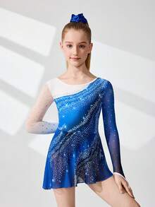 SHEIN 少女花样滑冰服，专业运动，日常训练，校园比赛，时尚图案，插肩袖，防走光裙摆设计，高弹舒适弹力花样滑冰服，秋冬季款 - 黑與白 - 查看 4