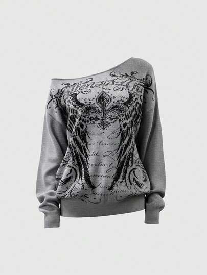 Grunge Punk Suéter holgado asimétrico de hombro para mujer con estampado de jacquard de festival de música vintage