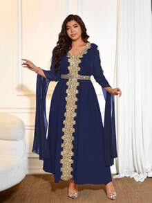 Cravure Plus Size Women's Style Patchwork Extra Long Sleeve Robe, Women's Solid Lace Trim Robe Gown - Navy Blue - View 3