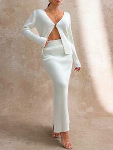 EURMUSE 2 Pieces Fine Knit Set With Deep V-Neck Cardigan And High Waist Midi Skirt For Minimal Chic Style - White - View 3