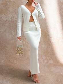 EURMUSE 2 Pieces Fine Knit Set With Deep V-Neck Cardigan And High Waist Midi Skirt For Minimal Chic Style - White - View 5