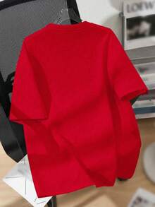 Camiseta para niño estilo festivo navideño tejido sintético color sólido estampado árbol de Navidad letras ajuste holgado cuello redondo manga corta primavera verano celebración camiseta - Rojo - Ver 3