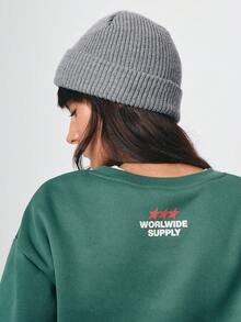 SURIMA Dark Green Women's Pullover Sweatshirt With Limited Edition Letter Print Round Neck Regular Length Raglan Long Sleeve Knitted Rib-Knit - Dark Green - View 5