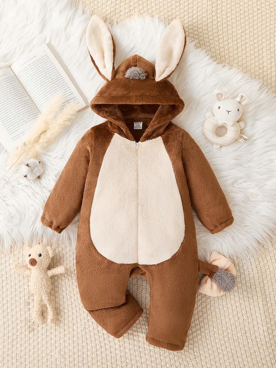 SHEIN Perso Play Baby Girl Plush Cartoon Hooded Jumpsuit, Cute Long Sleeve Baby, Donkey Design, Autumn/Winter - Multicolor - View 1