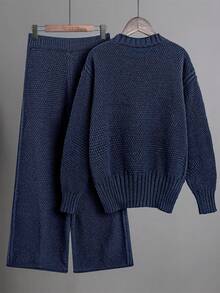 Franclia 2 piezas Conjunto de suéter y pantalones de punto de unicolor, casual para otoño/invierno - azul real - Ver 2