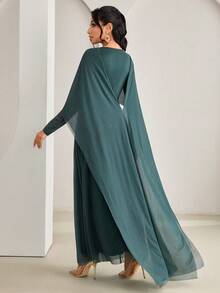 Veilorie Women's Solid Color Shawl Collar Elegant Fitted Long Sleeve Dress - Dark Green - View 3