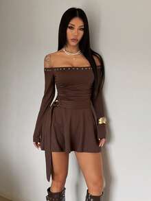 StreetHx Women's Fashionable Brown Eyelet Decor Off Shoulder Dress - Coffee Brown - View 1