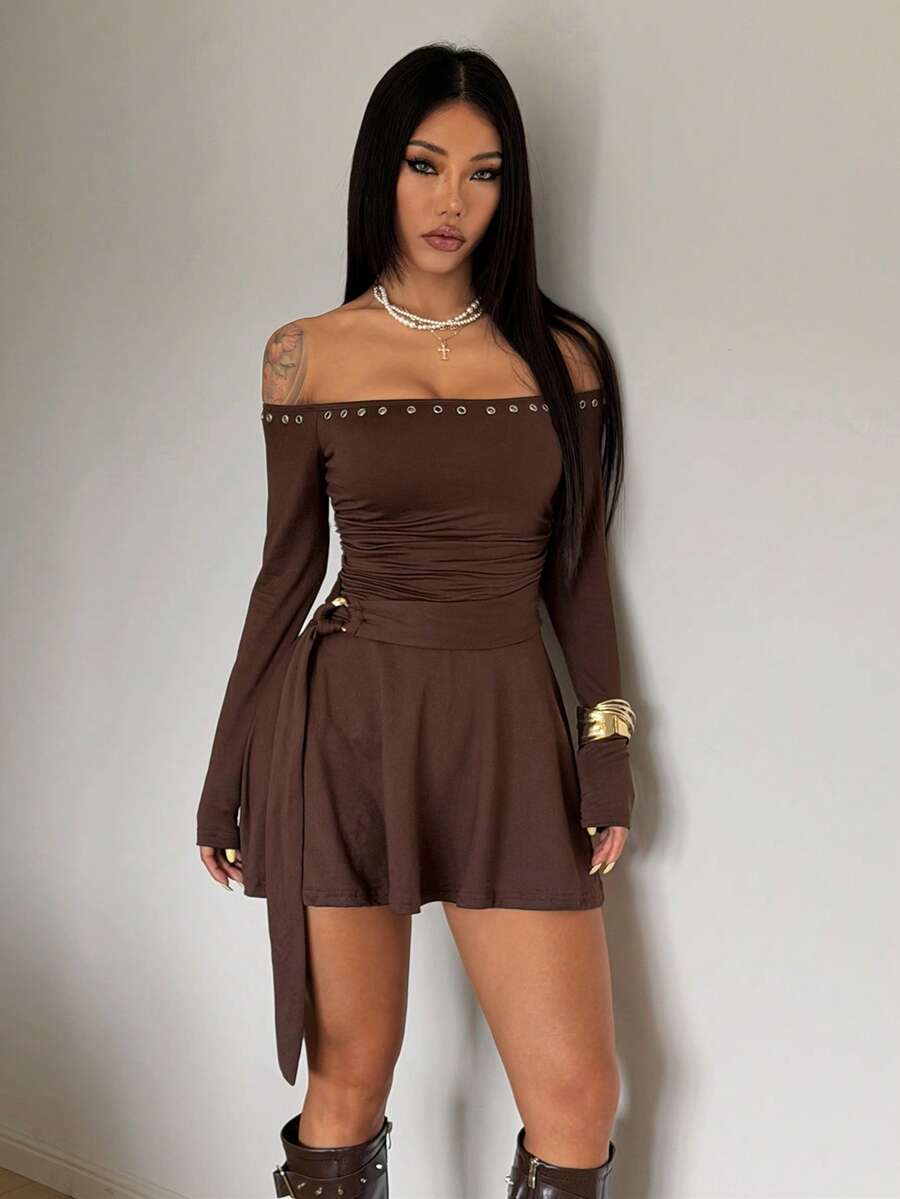 StreetHx Women's Fashionable Brown Eyelet Decor Off Shoulder Dress - Coffee Brown - View 1