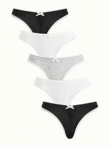 Bonmuse 5条装女士棉质高弹力罗纹迷人蝴蝶结蕾丝边内裤 - 彩色 - 查看 1