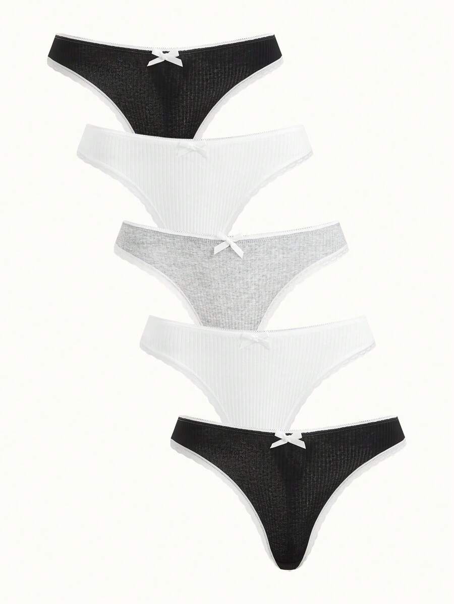 Bonmuse 5条装女士棉质高弹力罗纹迷人蝴蝶结蕾丝边内裤 - 彩色 - 查看 1