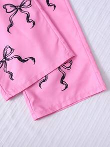 两件套女童亮粉色字母印花短袖上衣搭配牛仔布蝴蝶结裤，休闲街头风穿搭，春夏女童服装，夏季度假装 - 粉色 - 查看 5