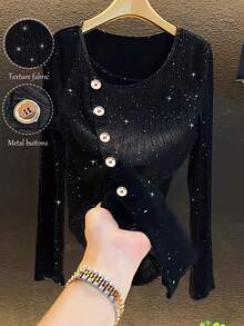 GlowEve Tricou damă cu guler rotund, mânecă lungă, nasturi în față, casual, versatil - Negru - Vizualizare 1