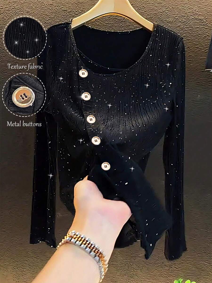 GlowEve Tricou damă cu guler rotund, mânecă lungă, nasturi în față, casual, versatil - Negru - Vizualizare 1