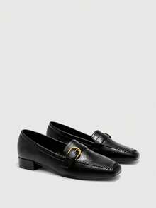 CUCCOO BIZCHIC Mocasines casuales de mujer con diseño de hebilla y punta cuadrada - Negro - Ver 7