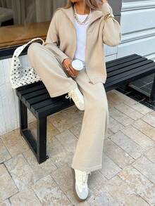 DAZY Set casual da donna composto da cardigan con chiusura lampo e spalle scoperte in colore unito e pantaloni a gamba ampia in maglia, adatto per l'autunno/inverno - Albicocca - Visualizzare 8