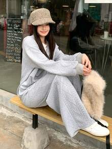 DAZY 女士休闲纯色纹理连帽衫和裤子两件套，秋冬家居服套装 - 灰色 - 查看 9