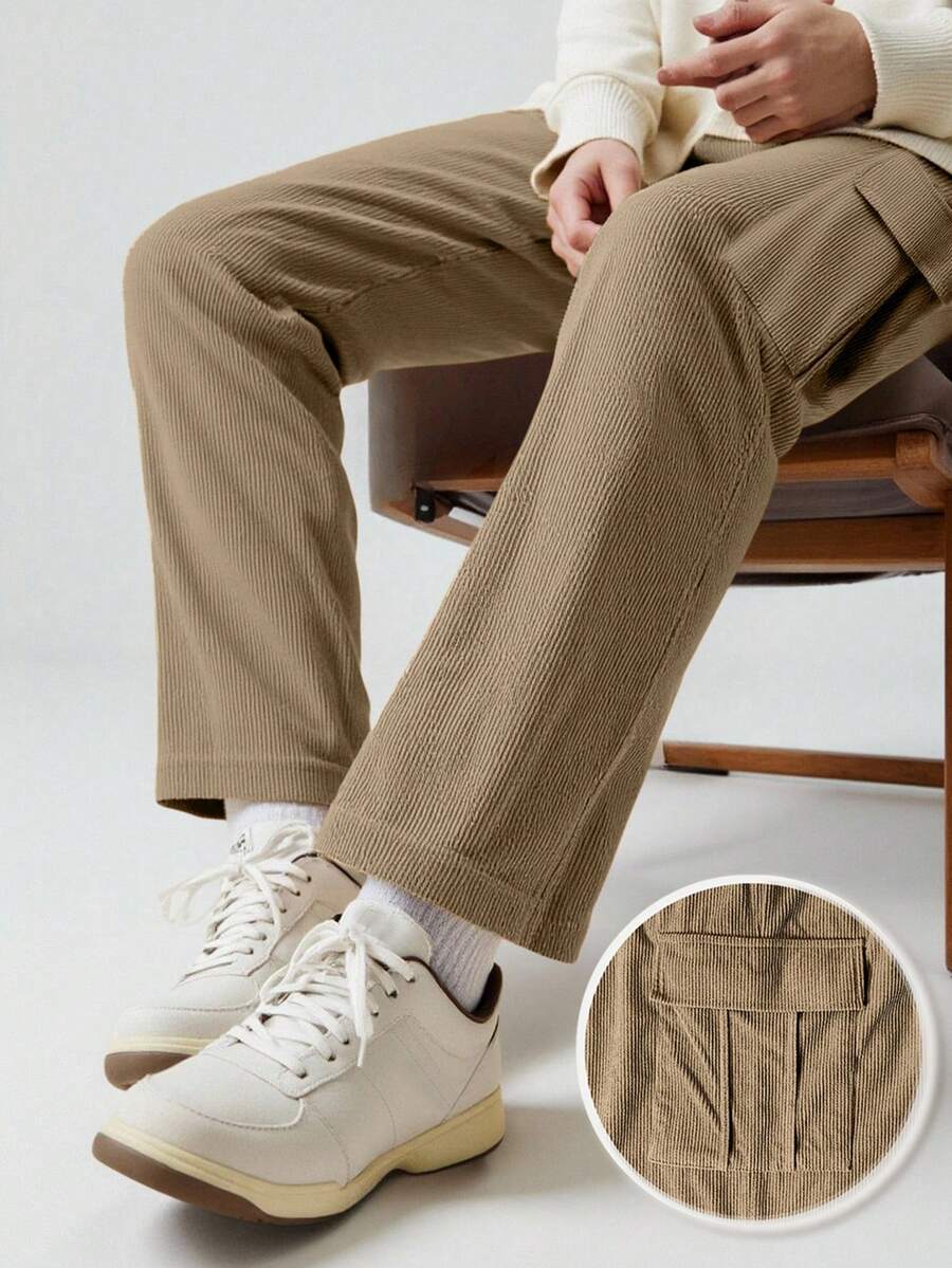 Manfinity Dauomo Men's Drawstring Waist Loose Fit Corduroy Casual Cargo Pants, For Winter - Mocha Brown - View 1