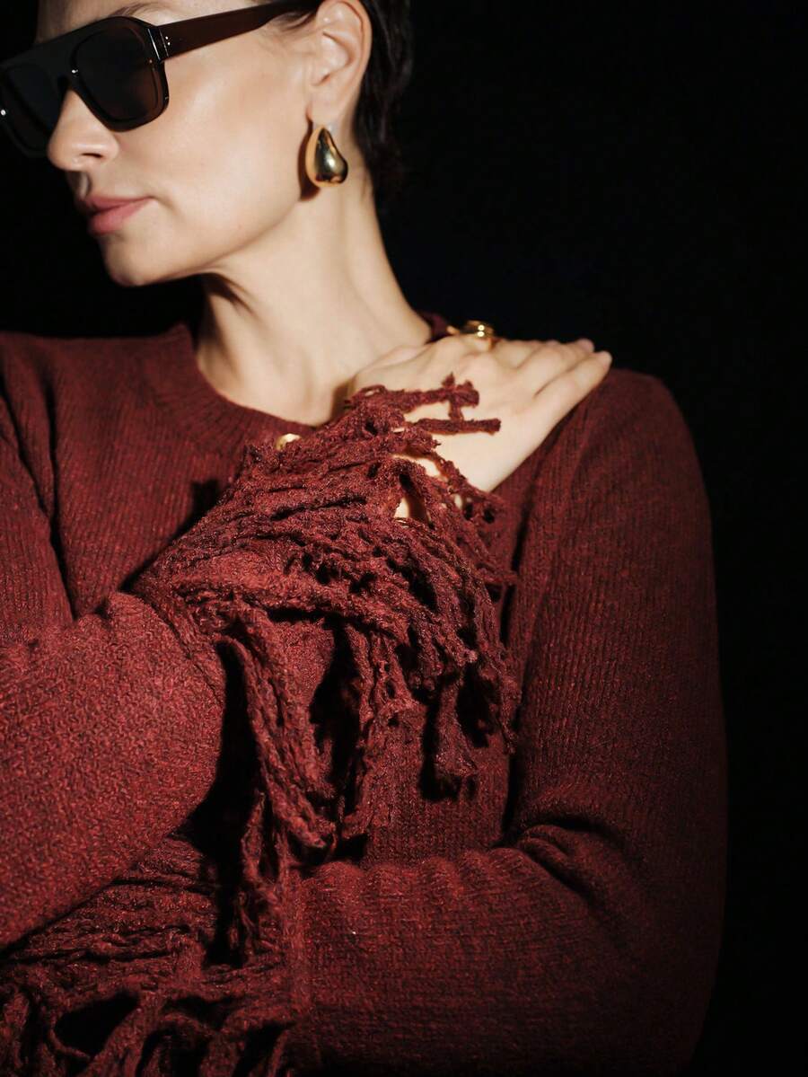 Lumivelle Cardigan à manches longues pour femmes, col rond, boucle métallique, franges, style décontracté - Rouge foncé - Voir 1