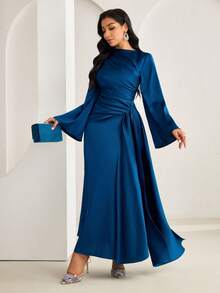 Veilorie Women's Elegant Party Solid Color Flare Sleeve Tie-Up Arabic Style Dress - Teal Blue - View 1