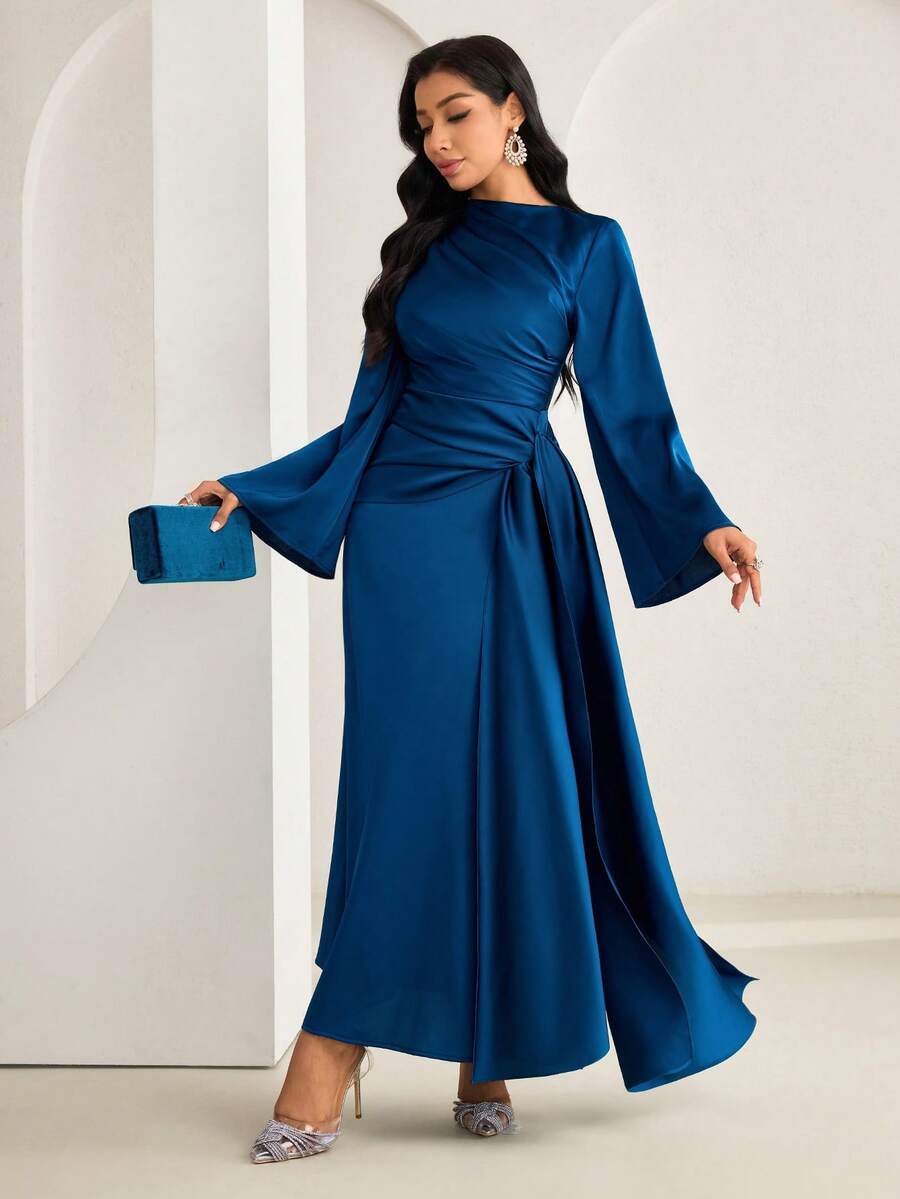 Veilorie Women's Elegant Party Solid Color Flare Sleeve Tie-Up Arabic Style Dress - Teal Blue - View 1