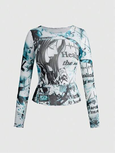 Anime Blusa transparente con estampado vintage de teñido anudado de temática médica y sexy para mujeres