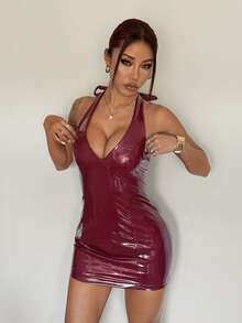 StreetHx 女士街头风PU皮革V领系带无袖迷你连衣裙 - 酒紅色 - 查看 4