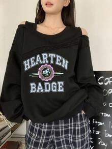 DAZY 女士休闲日常通勤时尚街头字母印花露肩蕾丝拼接宽松卫衣，春秋季 - 黑色 - 查看 5