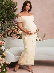 SHEIN 优雅派对纯色3D立体花卉装饰露肩孕妇装 - 黃色 - 查看 5