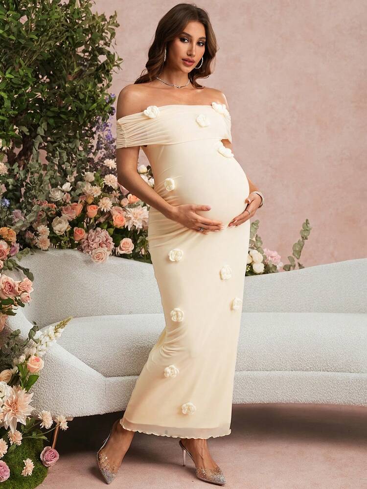 SHEIN Elegant Party Solid Color 3D Floral Decor Off Shoulder Maternity Dress,Maternity Clothes - Yellow - View 5