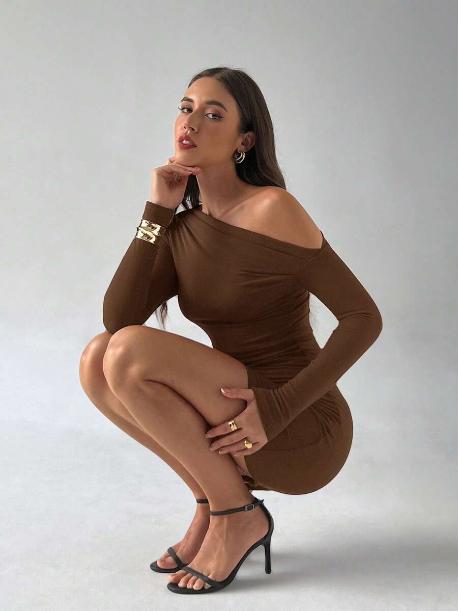 Aloruh Women's Solid Color Christmas Party Mesh Bodycon Mini Red Dress - Coffee Brown - View 1