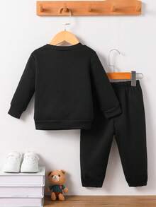 2pcs/Set Young Boy Casual Fashion Street Japanese Style Numeric Hand Gesture Print Thermal Lined Crew Neck Sweatshirt And Cuffed Sweatpants Set, Black - Black - View 2