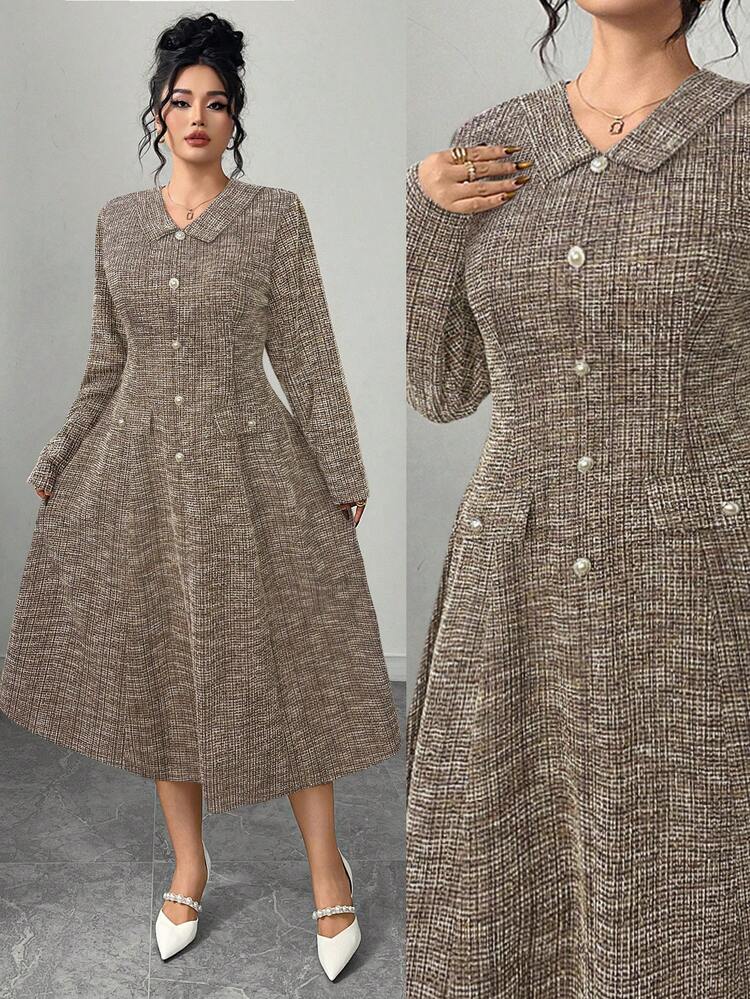 Elenzga Vestido de Manga Longa com Decote Lapela, Botões de Pérola e Bainha Evasê para Mulheres Plus Size, Elegante para Festa, Chá da Tarde, Festa de Ano Novo - Castanho - Visão 1